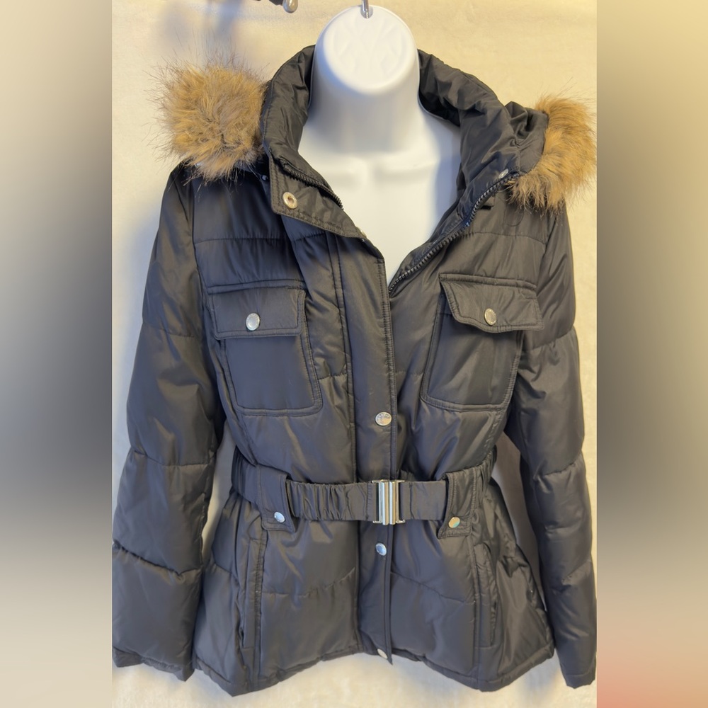 Laundry by Design Women's Black Puffer Jacket with Removable Faux Fur Hood